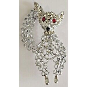 Vintage Filigree Cat Brooch Pin l Silver With Rhinestones l Elegant Jewelry